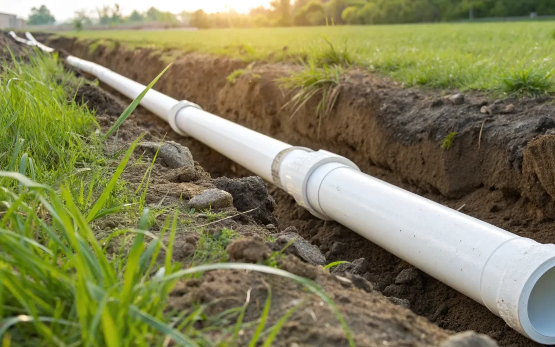 A perforated septic drain field pipe being installed in a trench.