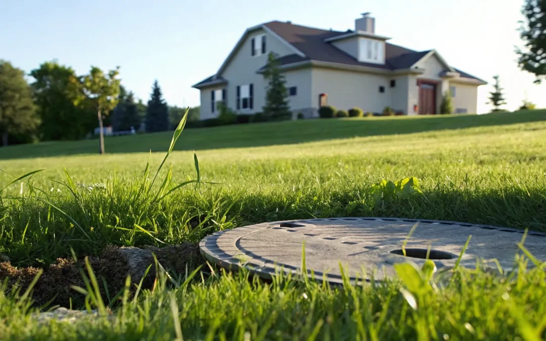 Septic tank cover in a green lawn, a key subject for septic tank advice.