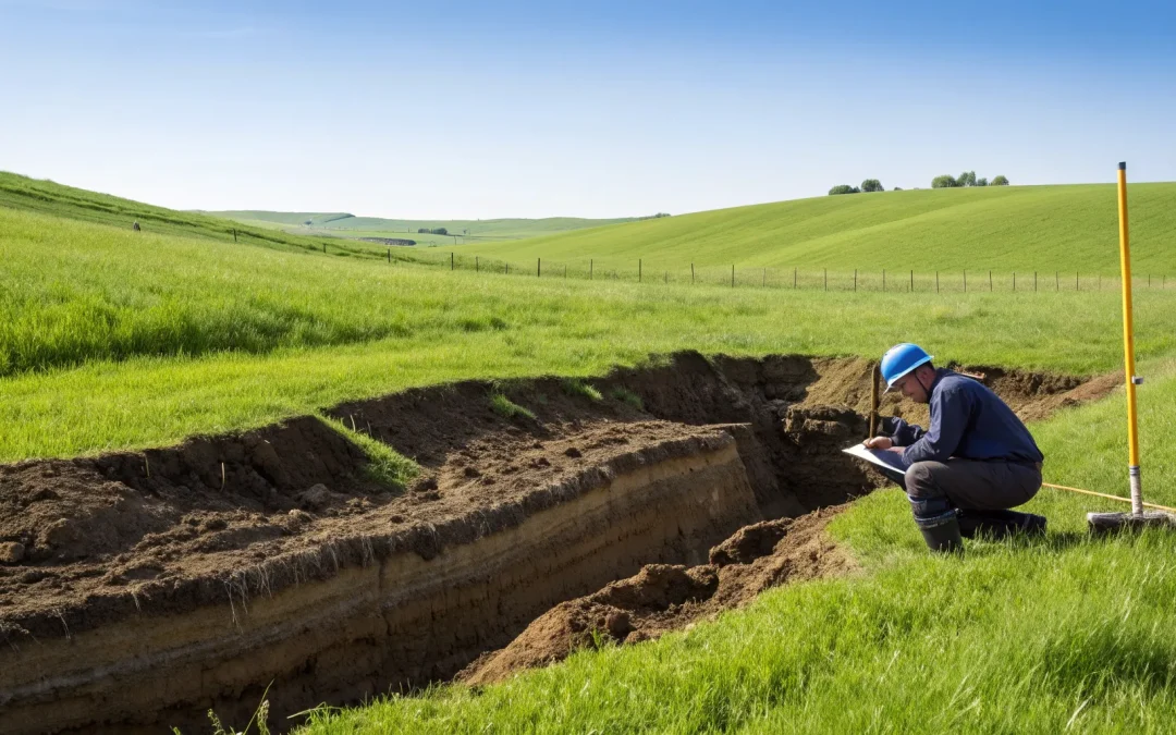 A professional conducts soil testing for a septic tank and drainfield design.