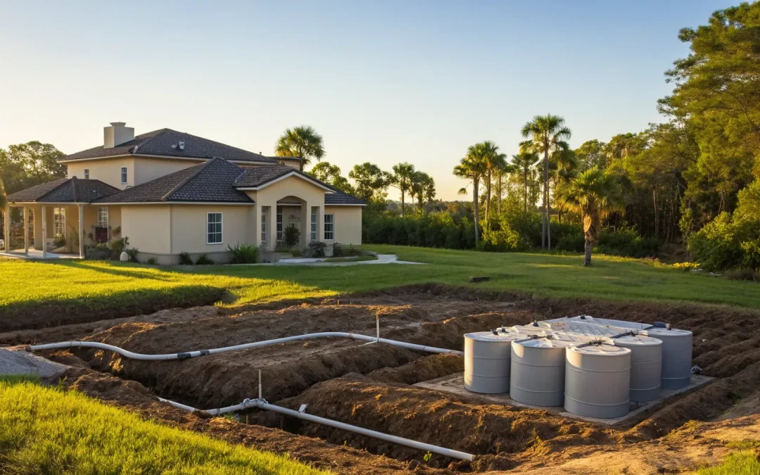 A septic tank system installation showing the main tank and pipe details beside a house.