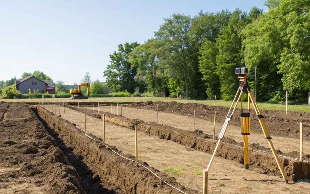 A commercial septic site plan being implemented with survey equipment and trenches on a construction site.