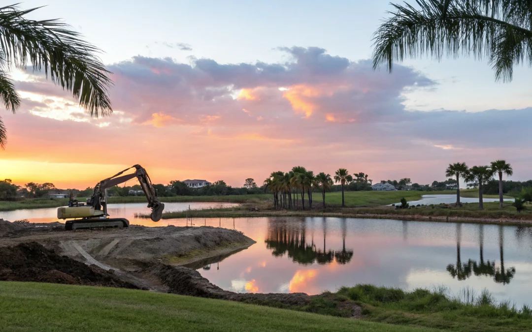 Excavator preparing land for septic system plan approval near a Florida pond.