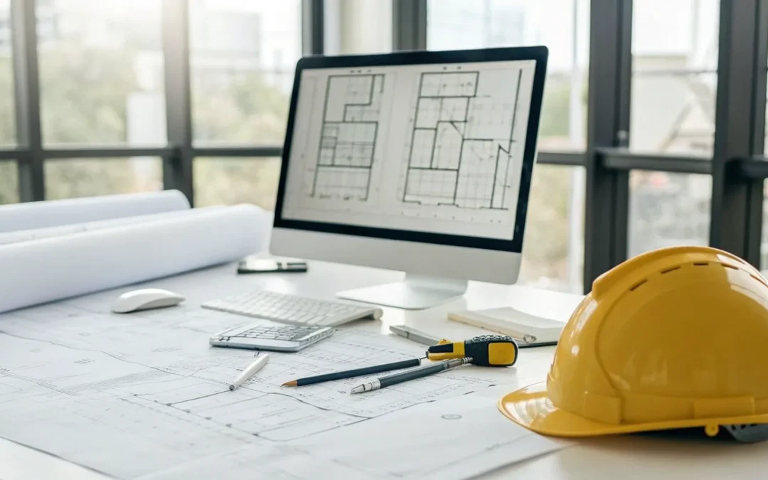 Septic design engineer's desk with blueprints for a new build.