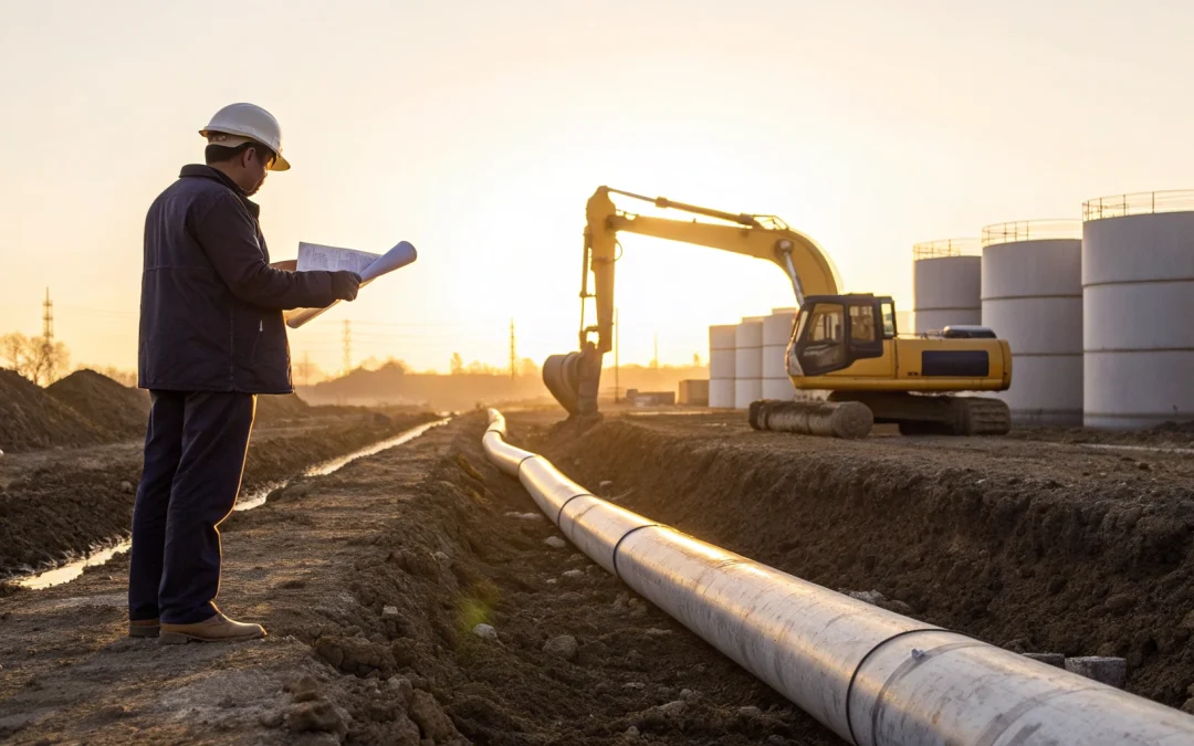 Septic engineer hired for a commercial project reviews plans at the construction site.