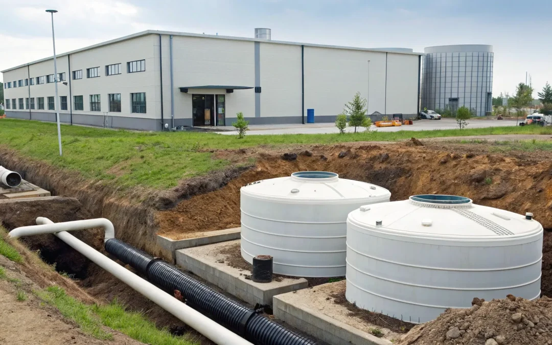 Septic design for a business property with large commercial tanks and piping.