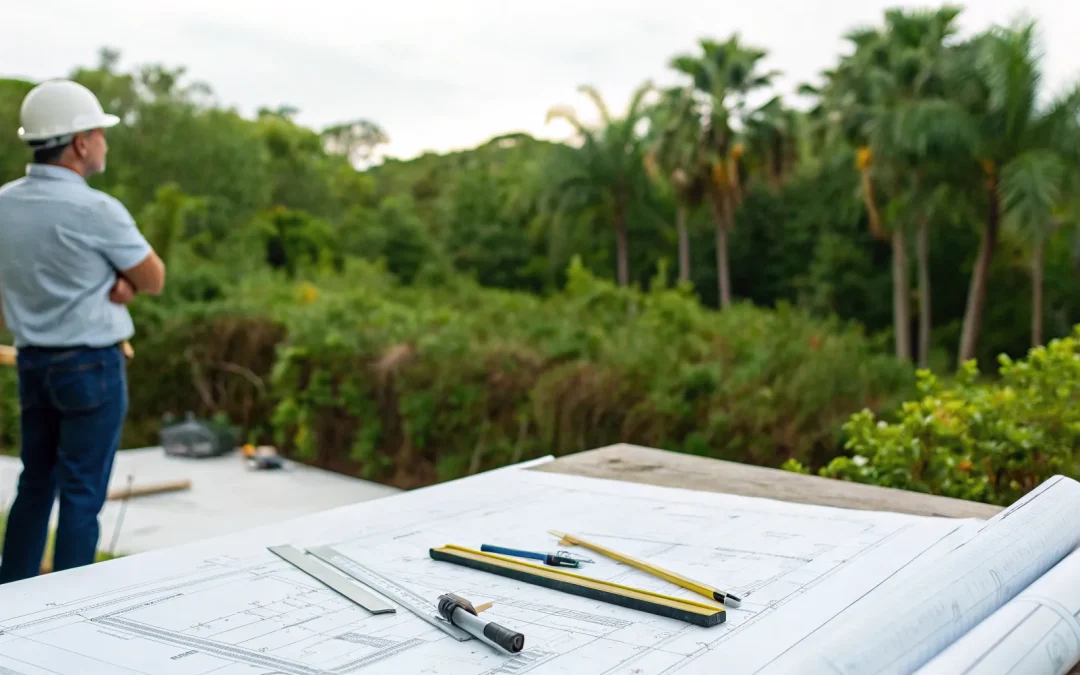 A contractor reviews blueprints for a new septic design at a new construction site.