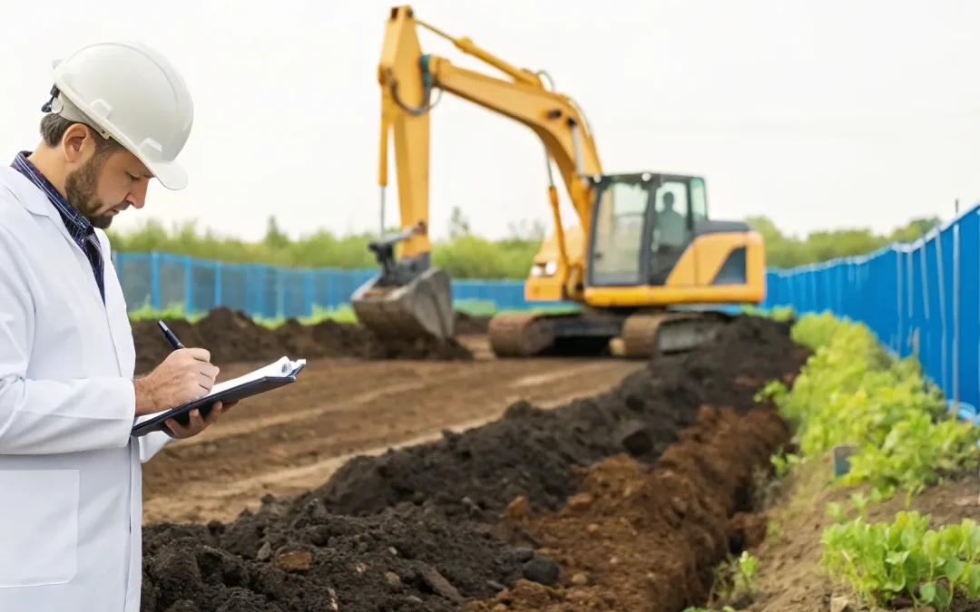 Engineer performing soil analysis for a new construction foundation.