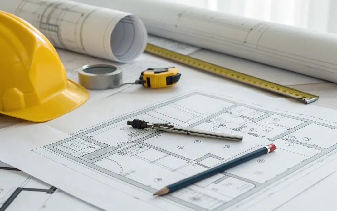 Septic permit design blueprints for a Florida property with a hard hat and measuring tape.