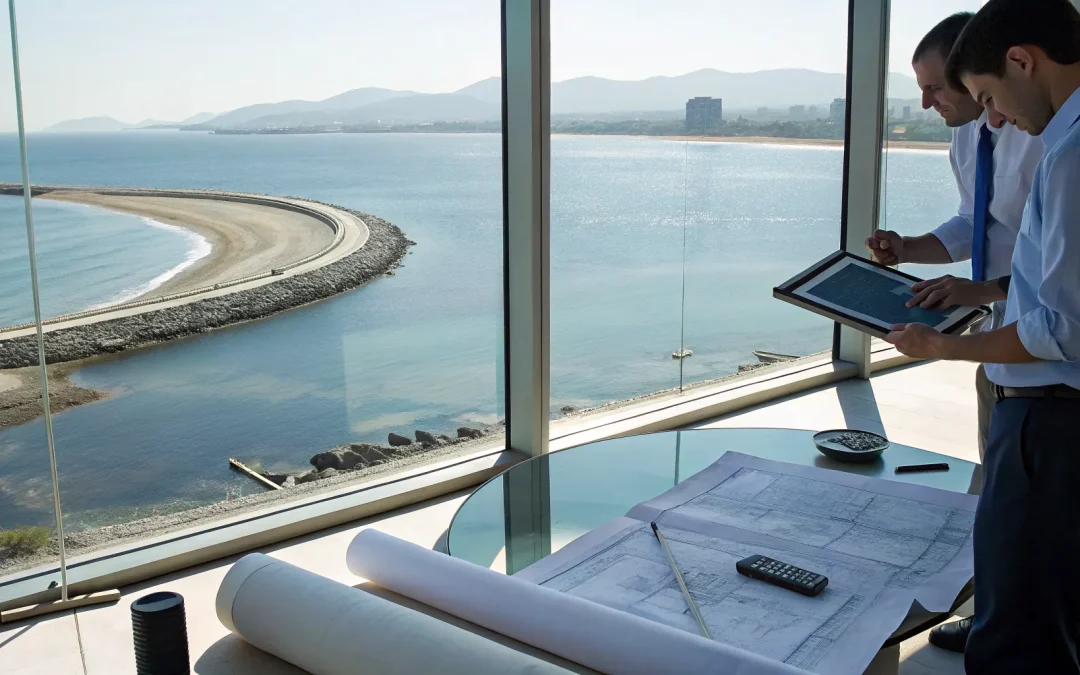 Engineers from a seawall permitting company reviewing blueprints for project approval.