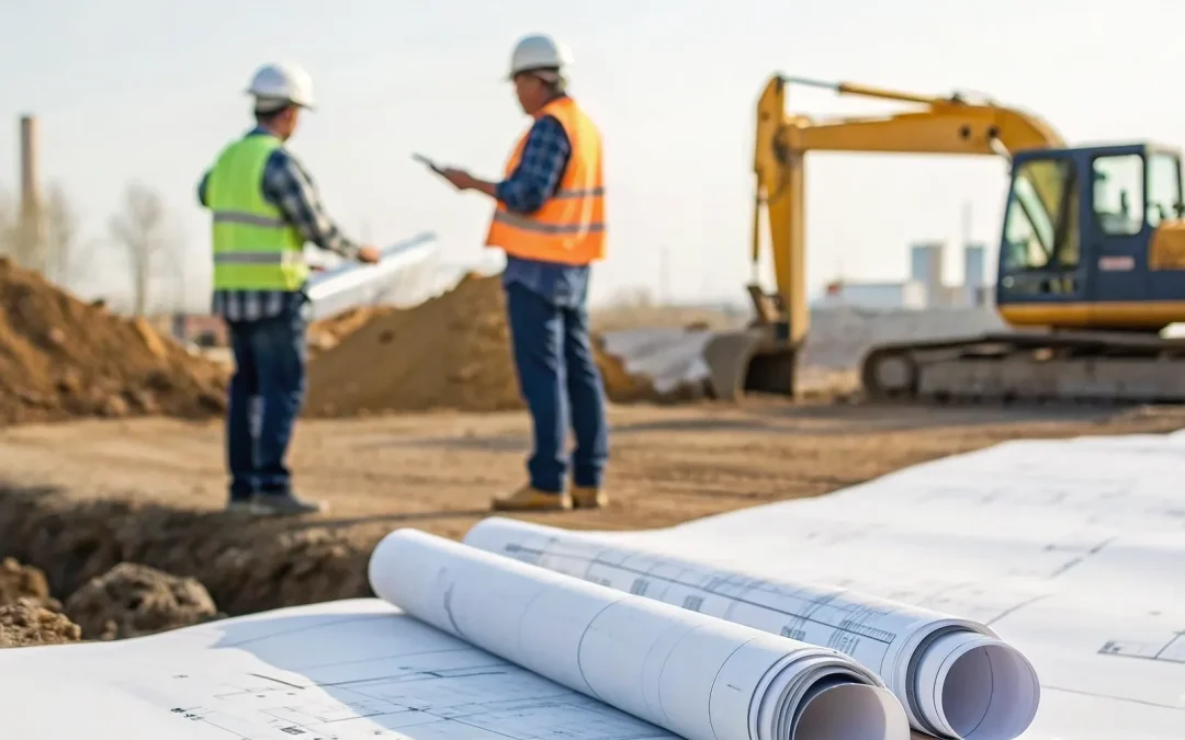 Workers review blueprints for a new septic system permit on a construction site.