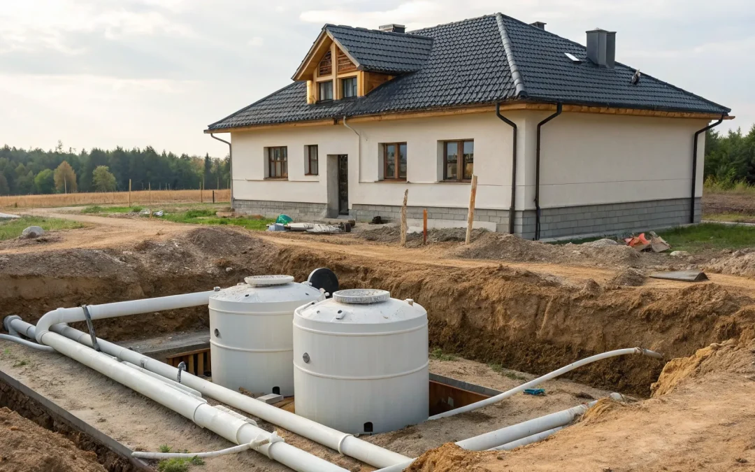 Septic system installation for a new home with tanks and pipes meeting requirements.