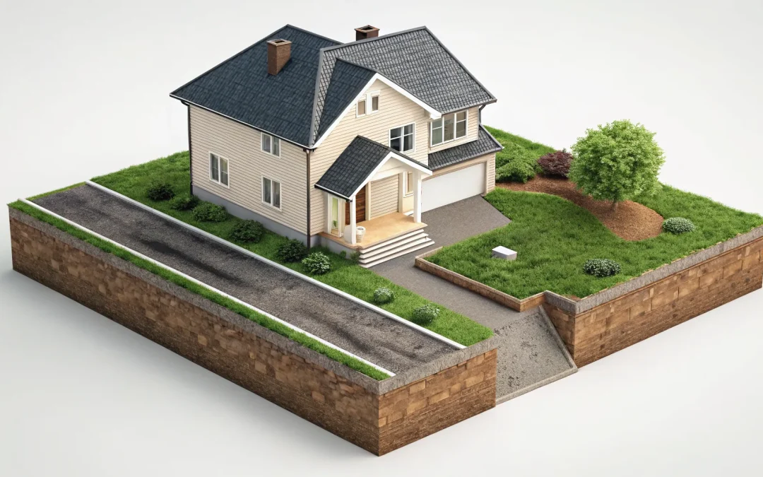 A small residential septic tank and drain field layout in a backyard.