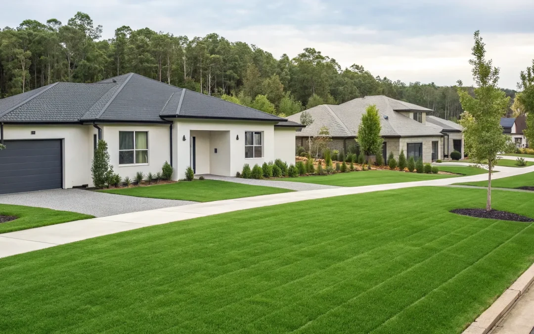 A home's large backyard, showing the space required for a standard 4-bedroom leach field size.