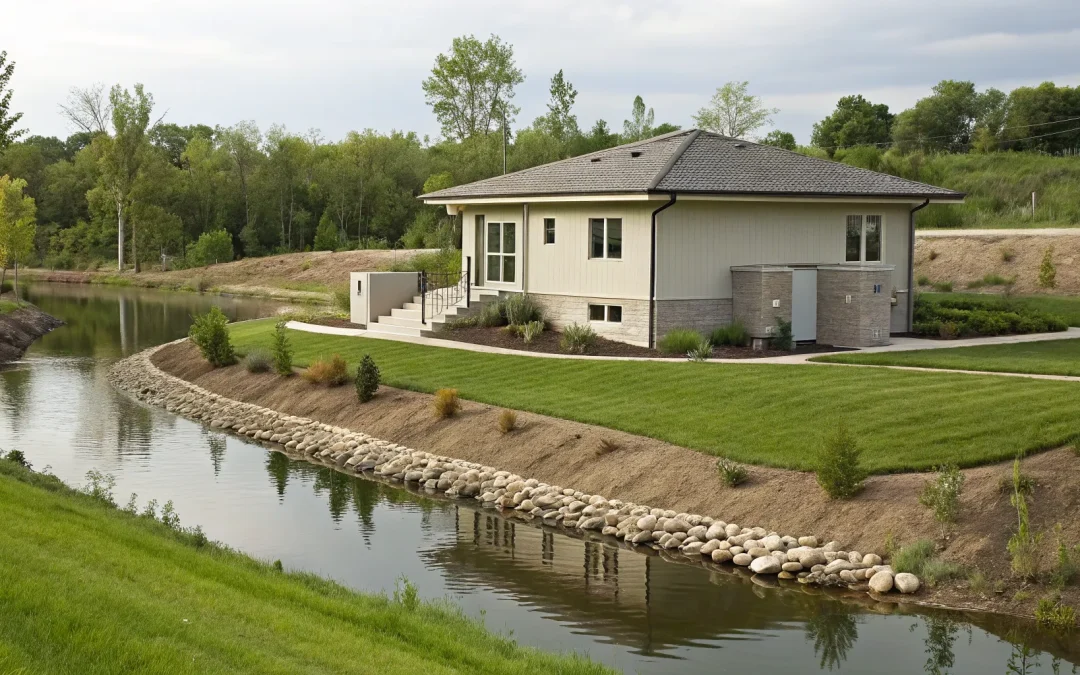 An engineered septic system installed at a modern home to protect a nearby body of water.